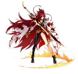 Rule 34 | 1girl, artist request, asymmetrical clothes, belt, black footwear, black neckwear, braid, choker, closed mouth, coat, elesis (elsword), elsword, flame lord (elsword), full body, gloves, hair over one eye, highres, holding, holding sword, holding weapon, long hair, looking to the side, official art, red eyes, red hair, shoes, single pantsleg, skin tight, smile, solo, standing, sword, tattoo, weapon, white coat