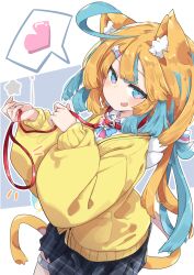 Rule 34 | 1girl, :d, ahoge, amakawa hano, animal ear fluff, animal ears, blonde hair, blue eyes, blue hair, blush, cat ears, cat girl, cat tail, collar, commentary request, cowboy shot, heart, highres, long hair, long sleeves, looking at viewer, open mouth, pleated skirt, re:act, skirt, smile, solo, spoken heart, tail, totomono, virtual youtuber