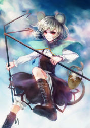 Rule 34 | 1girl, animal ears, basket, boots, cloud, female focus, grey hair, highres, jewelry, mouse (animal), mouse ears, mouse tail, nazrin, nokishita, outdoors, pendant, red eyes, short hair, sky, solo, tail, touhou