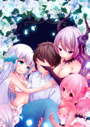 Rule 34 | 1boy, 3girls, :o, :p, bare shoulders, bikini, blue eyes, blue hair, blush, breasts, bridal gauntlets, brooch, brown hair, carrying, choker, cleavage, collarbone, colored skin, covering own eyes, flower, hair flower, hair ornament, harem, horns, jewelry, large breasts, long hair, mermaid, mintsu (ichi--kun), monster girl, multiple girls, navel, open mouth, original, petals, pink hair, pink skin, princess carry, purple eyes, purple hair, rose, shell, shell bikini, short hair, side ponytail, slime girl, starfish, swimsuit, tongue, tongue out, white flower, white rose