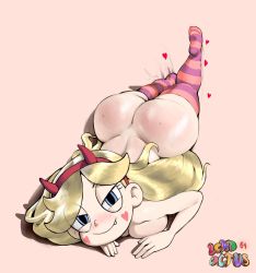 Rule 34 | 1girl, artist name, ass, blonde hair, blue eyes, breast press, breasts, fake horns, fang, freckles, heart, highres, horns, huge ass, large breasts, long hair, mole, mole on ass, namespace, naughty face, nude, pink background, pink thighhighs, purple thighhighs, shortstack, signature, solo, star butterfly, star vs the forces of evil, striped clothes, striped thighhighs, thick thighs, thighhighs, thighs