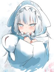 Rule 34 | 1girl, absurdres, animal hood, blue eyes, blue hair, blue hoodie, closed mouth, commentary, cropped torso, gawr gura, grey hair, highres, hololive, hololive english, hood, hood up, hoodie, hugging object, long sleeves, looking at viewer, multicolored hair, shark hood, sleeves past wrists, solo, streaked hair, stuffed animal, stuffed shark, stuffed toy, tata b o x, upper body, virtual youtuber, wide sleeves
