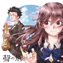 Rule 34 | 1boy, 1girl, :o, bag, baguette, black eyes, black hair, blue ribbon, blue sky, bread, cherry blossoms, close-up, cloud, commentary, copyright name, day, fingernails, floating hair, food, formal, hair between eyes, highres, holding, holding food, ishida shouya, koe no katachi, long hair, looking at another, looking back, nishimiya shouko, paper bag, parted lips, petals, pointy hair, purple eyes, purple hair, ribbon, school uniform, signature, sky, smile, suit, translated, zoof