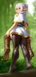 Rule 34 | 1girl, :/, absurdres, black pantyhose, blush, boots, brown footwear, capelet, commentary, english commentary, frieren, from behind, gold trim, green eyes, highres, holding, holding boots, holding clothes, holding footwear, kairunoburogu, kneepits, long hair, looking at viewer, outdoors, pantyhose, pointy ears, skirt, soles, solo, sousou no frieren, thighs, tiptoes, unworn footwear, white capelet, white hair, white skirt