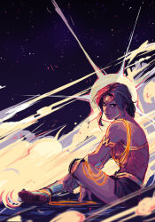Rule 34 | 1girl, armor, arms on knees, bare shoulders, black hair, dc comics, dust, full body, greaves, halo, lasso of truth, long hair, looking at viewer, looking to the side, night, night sky, parted bangs, red shirt, samanthadoodles, shirt, sitting, skirt, sky, solo, star (sky), strapless, strapless shirt, superhero, tiara, turning head, wonder woman
