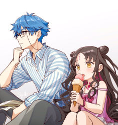 Rule 34 | 1boy, 1girl, aged down, aged up, babydoll, black hair, blue hair, book, casual one-piece swimsuit, child, double bun, eating, eyewear strap, fate/grand order, fate (series), food, glasses, hair bun, hans christian andersen (adult) (fate), hans christian andersen (fate), ice cream, ice cream cone, one-piece swimsuit, open mouth, pants, pink babydoll, sessyoin kiara, sessyoin kiara (lily), sessyoin kiara (swimsuit mooncancer), shirt, siya ho, striped clothes, striped shirt, swimsuit, vertical-striped clothes, vertical-striped shirt, yellow eyes