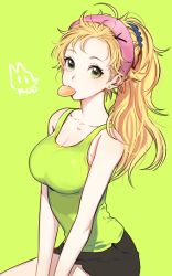 Rule 34 | 1girl, artist name, bad id, bad twitter id, breasts, cleavage, earrings, female focus, food in mouth, green background, green eyes, green theme, hairband, hoshii miki, idolmaster, idolmaster (classic), jewelry, large breasts, long hair, looking at viewer, ponytail, rod (rod4817), short shorts, shorts, solo, tank top