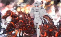 Rule 34 | 1girl, abyssal ship, armor, boots, breasts, cloak, colored skin, fire, firing, glowing, hair ornament, highres, kantai collection, long hair, looking at viewer, mechanical, mechanical arms, mechanical hands, medium breasts, no bra, northern water princess, ocean, panties, ponytail, red eyes, shiro usagi, silver hair, single mechanical hand, smoke, solo, thigh boots, thighhighs, turret, underwear, very long hair, weapon, white cloak, white skin, white thighhighs