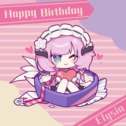 Rule 34 | 1girl, ;), black dress, blue eyes, blush stickers, box, character name, chibi, closed mouth, commentary, dress, elysia (honkai impact), english commentary, eta, flower, frilled dress, frills, gloves, happy birthday, heart, heart-shaped box, holding, honkai (series), honkai impact 3rd, in container, long hair, looking at viewer, mini person, minigirl, one eye closed, pantyhose, petals, pink hair, smile, solo, striped, striped background, very long hair, white flower, white gloves, white pantyhose