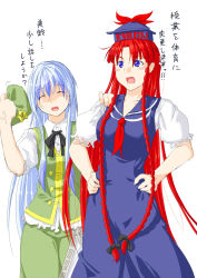Rule 34 | 2girls, anger vein, angry, blue eyes, blue hair, braid, chinese clothes, cosplay, costume switch, expressive clothes, false smile, female focus, hat, highres, hong meiling, hong meiling (cosplay), kamishirasawa keine, kamishirasawa keine (cosplay), long hair, multiple girls, niwatazumi, smile, star (symbol), touhou, translation request, twin braids