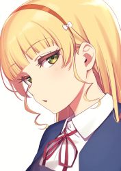 Rule 34 | 1girl, blonde hair, blue jacket, blunt bangs, bow, bow hairband, collared shirt, commentary, deadnooodles, green eyes, hair behind ear, hair bow, hairband, half-closed eyes, heanna sumire, highres, jacket, light blush, long hair, looking at viewer, looking to the side, love live!, love live! superstar!!, neck ribbon, open clothes, open jacket, parted lips, red hairband, red ribbon, ribbon, school uniform, shirt, sidelocks, simple background, solo, upper body, white background, white bow, white shirt, yuigaoka school uniform