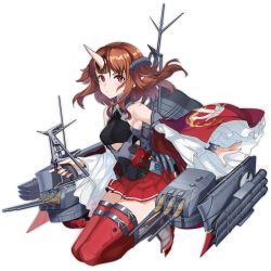 Rule 34 | 1girl, anchor print, azur lane, bare shoulders, breasts, bright pupils, brown hair, closed mouth, detached sleeves, fingernails, frown, full body, horns, index finger raised, machinery, medium breasts, miniskirt, mogami (azur lane), pleated skirt, pointy ears, realmbw, red eyes, red skirt, red thighhighs, short hair, single horn, skirt, solo, tachi-e, thighhighs, torpedo, torpedo tubes, transparent background, turret, white pupils, wide sleeves, zettai ryouiki