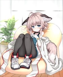 Rule 34 | 1girl, absurdres, ahoge, animal ear fluff, animal ears, arknights, bare shoulders, black choker, black leggings, blue eyes, blue shirt, blush, choker, cloak, coat, ears down, extra ears, fox ears, fox girl, fox tail, full body, gloves, hands on own chest, highres, indoors, infection monitor (arknights), interlocked fingers, jacket, leggings, legs together, looking at viewer, material growth, medic, open cloak, open clothes, oripathy lesion (arknights), plant, potted plant, shirt, short hair, sidelocks, sitting, smile, solo, speech bubble, sussurro (arknights), tail, tatsuhiko, white coat, white jacket, wooden floor