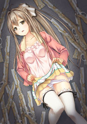 Rule 34 | 10s, 1girl, amagi brilliant park, bow, brown eyes, brown hair, casual, clothes lift, gun, hair bow, highres, jakelian, leg ribbon, looking at viewer, musket, open mouth, panties, panty pull, ponytail, ribbon, sento isuzu, skirt, skirt lift, solo, thigh ribbon, thighhighs, underwear, weapon, white panties, white thighhighs