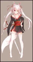 Rule 34 | 1girl, absurdres, animal ears, bare shoulders, bell, black border, border, breasts, brown background, closed mouth, collarbone, facial mark, fox ears, fox tail, hair ornament, hair ribbon, hairclip, heterochromia, highres, holding, holding sword, holding weapon, japanese clothes, jingle bell, kimono, long hair, long sleeves, looking at viewer, off shoulder, red eyes, red ribbon, ribbon, sash, scar, short kimono, side slit, silver (chenwen), silver hair, simple background, sketch, small breasts, smile, solo, sword, tabi, tail, thighhighs, twintails, unsheathed, very long hair, weapon, whisker markings, white thighhighs, wide sleeves, yellow eyes