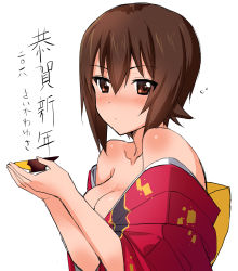 Rule 34 | 10s, 1girl, alternate costume, bare shoulders, blush, breasts, brown eyes, brown hair, cleavage, collarbone, cup, girls und panzer, happy new year, highres, japanese clothes, kimono, looking at viewer, medium breasts, new year, nishizumi maho, off shoulder, saikawa yusa, sakazuki, short hair, simple background, solo, upper body, white background