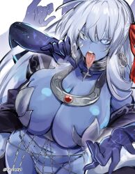 Rule 34 | 1girl, absurdres, blue eyes, blue skin, breasts, breath, colored skin, commentary, drooling, earrings, english commentary, extra arms, fate/grand order, fate (series), fellatio gesture, hair ribbon, highres, huge breasts, jewelry, kali (fate), kurenaiz (kuayrenaiz), long hair, long tongue, looking at viewer, navel, open mouth, red ribbon, revealing clothes, ribbon, saliva, sexually suggestive, solo, stomach, teeth, tongue, tongue out, twitter username, upper teeth only, very long hair, white hair