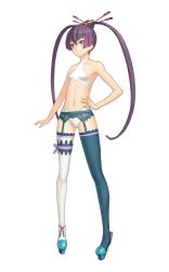 Rule 34 | 00s, 1girl, ar tonelico, ar tonelico iii, asymmetrical clothes, asymmetrical legwear, blue thighhighs, bow, finnel (ar tonelico), flat chest, full body, garter belt, gust, hair ornament, hand on own hip, high heels, highres, hip focus, lace, lace-trimmed legwear, lace trim, legs, long hair, midriff, mismatched legwear, multicolored clothes, multicolored legwear, nagi ryou, official art, panties, purple eyes, purple hair, shoes, smile, solo, standing, thighhighs, transparent background, twintails, underwear, white panties, white thighhighs