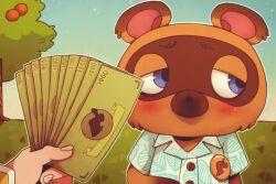Rule 34 | 1boy, 1other, animal crossing, banknote, blue eyes, closed mouth, collared shirt, commentary request, furry, furry male, hawaiian shirt, holding, holding money, implied prostitution, looking to the side, male focus, money, neiroval, nintendo, pov, pov hands, raccoon boy, russian commentary, shirt, solo focus, tom nook (animal crossing), tree, upper body, white shirt
