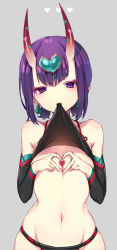 Rule 34 | 1girl, bare shoulders, black fundoshi, blush, breasts, chinese clothes, clothes lift, covering breasts, covering privates, detached sleeves, dudou, earrings, eyeliner, fang, fate/grand order, fate (series), forehead jewel, fundoshi, grey background, hands on own chest, headpiece, heart, heart-shaped pupils, heart hands, highres, horns, japanese clothes, jewelry, looking at viewer, low twintails, makeup, mouth hold, navel, oni, purple eyes, purple hair, short eyebrows, short hair, short twintails, shuten douji (fate), shuten douji (fate/grand order), shuten douji (halloween caster) (fate), simple background, skin-covered horns, small breasts, solo, symbol-shaped pupils, twintails, vivi (eve no hakoniwa)