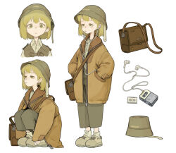 Rule 34 | 1girl, absurdres, al3x alex, bag, blonde hair, brown coat, bucket hat, capri pants, cassette player, cassette tape, character profile, coat, earbuds, earphones, expressionless, female focus, full body, green eyes, hands in pockets, hat, highres, looking at viewer, medium hair, original, oversized clothes, pants, shoes, shoulder bag, simple background, sleeves past wrists, solo, squatting, standing, white background
