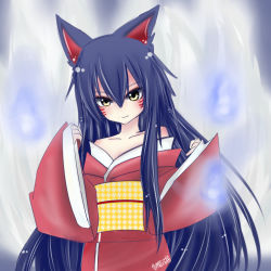 Rule 34 | 1girl, ahri (league of legends), animal ears, facial mark, fox ears, fox tail, japanese clothes, kimono, league of legends, looking at viewer, neko baby, solo, tail, whisker markings, yellow eyes