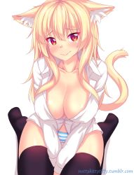 Rule 34 | 1girl, animal ear fluff, animal ears, black thighhighs, blonde hair, blush, breasts, cat ears, cat tail, cleavage, closed mouth, collarbone, covered erect nipples, dress shirt, from above, highres, large breasts, long hair, looking at viewer, no pants, nottytiffy, original, panties, red eyes, shirt, sitting, smile, solo, striped clothes, striped panties, tail, thighhighs, tiffy (nottytiffy), underwear, wariza, watermark, web address, white background
