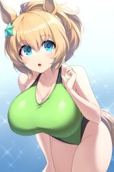 Rule 34 | 1girl, animal ears, blue background, blue eyes, breasts, cleavage, competition swimsuit, cowboy shot, gradient background, green one-piece swimsuit, hair ornament, highres, horse ears, horse tail, large breasts, leaning forward, light brown hair, medium hair, one-piece swimsuit, pataneet, ponytail, solo, star (symbol), star hair ornament, swimsuit, taiki shuttle (umamusume), tail, umamusume, white background