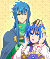 Rule 34 | 1boy, 1girl, blue eyes, blue hair, breasts, cape, commentary request, crescent, crescent hair ornament, dias flac, hair ornament, long hair, pointy ears, rena lanford, short hair, star ocean, star ocean the second story