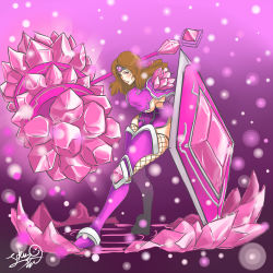 Rule 34 | 1girl, armor, blush, breasts, brown hair, crystal, fishnets, forehead protector, gender request, genderswap, hammer, large breasts, league of legends, long hair, mole, pink eyes, pink theme, red eyes, shield, sideboob, solo, standing, taric, thighhighs, trombe, weapon