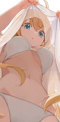 Rule 34 | 1girl, :o, ahoge, bikini, bikini under clothes, blue eyes, breasts, from below, highres, hiroki (yyqw7151), large breasts, long hair, looking at viewer, navel, orange hair, pecorine (princess connect!), princess connect!, shirt, simple background, solo, stomach, swimsuit, upshirt, white background, white shirt