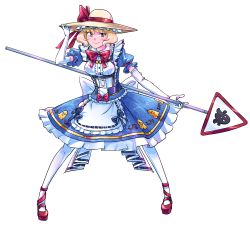 Rule 34 | 1girl, adapted costume, apron, back bow, blonde hair, blue bow, blue dress, blue ribbon, bow, bowtie, breasts, center frills, closed mouth, david hrusa, dress, elbow gloves, frilled apron, frilled dress, frilled hat, frills, full body, ghost print, gloves, hand on headwear, hat, hat bow, highres, holding, holding clothes, holding hat, holding sign, mary janes, medium breasts, patterned clothing, puffy short sleeves, puffy sleeves, red bow, red bowtie, red footwear, ribbon, ribbon-trimmed apron, ribbon trim, road sign, shoes, short sleeves, sign, simple background, smile, solo, standing, sun hat, touhou, touhou (pc-98), transparent background, waist apron, white apron, white bow, white gloves, white legwear, yellow eyes, yellow hat