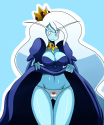 Rule 34 | 1girl, adventure time, blue background, blue skin, blush, breasts, cleavage, clothes lift, colored skin, crown, curvy, dress, dress lift, eric lowery, eyebrows, frown, heart, highres, ice queen (adventure time), jewelry, large breasts, long hair, navel, panties, simple background, solo, thigh gap, thighs, underwear, very long hair, white hair, white panties, wide hips