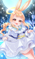 Rule 34 | 1girl, :d, angel, angel wings, animal ears, blonde hair, character request, clothes lift, copyright request, dress, dress lift, halo, highres, kaneko kogane, lifted by self, moon, open mouth, rabbit ears, see-through, smile, snowflakes, thighs, white dress, wings, yellow eyes
