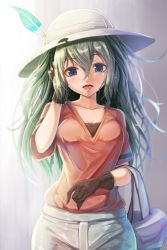 Rule 34 | 10s, 1girl, alternate hair length, alternate hairstyle, bag, black hair, blue eyes, breasts, brown gloves, bucket hat, cleavage, gloves, hair between eyes, hand in own hair, handbag, hat, hat feather, highres, kaban (kemono friends), kemono friends, looking at viewer, matokechi, messy hair, aged up, open mouth, red shirt, shirt, short hair, shorts, solo, spoilers, v-neck, wavy hair