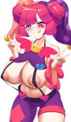 Rule 34 | 1girl, areola slip, breasts, buro (muse dash), cleavage, closed mouth, commission, covered erect nipples, dantes ward, double v, facial mark, groin, highres, huge breasts, muse dash, navel, pink hair, purple eyes, revealing clothes, simple background, smile, solo, stomach, thighs, tongue, tongue out, v, white background