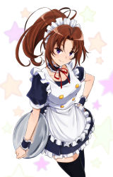Rule 34 | 10s, 1girl, apron, black dress, black thighhighs, breasts, brown hair, choker, collarbone, cowboy shot, dress, forehead, frilled apron, frilled choker, frills, hair ornament, hand on own hip, head tilt, hibike! euphonium, high ponytail, highres, holding, holding tray, long hair, looking at viewer, looking up, maid, maid apron, maid headdress, medium breasts, nakagawa natsuki, ponytail, puffy short sleeves, puffy sleeves, purple eyes, red ribbon, ribbon, ribbon choker, satosute, short sleeves, smile, solo, star (symbol), starry background, swept bangs, thighhighs, tray, waitress, white apron, wrist cuffs, yamaguchi satoshi, zettai ryouiki