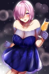 Rule 34 | 1girl, absurdres, arm at side, bare shoulders, blue dress, blush, breasts, cleavage, collarbone, cup, dress, eyes visible through hair, fate/grand order, fate (series), foreshortening, gloves, hair over one eye, half gloves, hand up, highres, holding, holding cup, kusahagane, large breasts, legs together, light purple hair, lips, looking at viewer, mash kyrielight, mash kyrielight (chaldea dinnertime), official alternate costume, open mouth, purple eyes, see-through, see-through silhouette, short hair, skindentation, smile, solo, standing, strapless, strapless dress, tongue