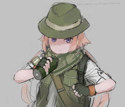 Rule 34 | 1girl, armband, brown hair, closed eyes, dress, english text, explosive, expressionless, f1 (girls&#039; frontline), fingerless gloves, girls&#039; frontline, gloves, green dress, green gloves, green hat, grenade, grenade pin, grey background, hat, highres, holding, holding grenade, keffiyeh, purple eyes, rampart1028, shirt, simple background, solo, twintails, upper body, white shirt