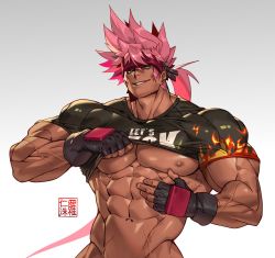 Rule 34 | 1boy, abs, artist logo, artist name, bara, biceps, broad shoulders, clothes lift, clothes writing, commission, dark-skinned male, dark skin, flame print, gloves, green eyes, guilty gear, headband, large pectorals, long hair, looking at viewer, male focus, manly, muscular, muscular male, na insoo, navel, nipples, pectorals, pink hair, ponytail, shirt, shirt lift, smirk, sol badguy, solo, spiked hair, t-shirt, thick arms, tight clothes, underpec, upper body, veins, veiny arms