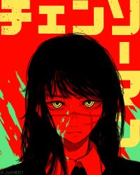 Rule 34 | 1girl, absurdres, artist name, black hair, chainsaw man, collared shirt, highres, looking at viewer, red background, scar, scar on face, shirt, solo, splatter, twitter username, yoru (chainsaw man), zynn8321
