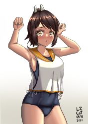 Rule 34 | 1girl, absurdres, armpits, artist name, black one-piece swimsuit, brown eyes, brown hair, cowboy shot, dated, gradient background, hair ornament, highres, i-401 (kancolle), kantai collection, lezy lemon cat, one-piece swimsuit, orange sailor collar, ponytail, sailor collar, school swimsuit, shirt, short ponytail, side-tie shirt, sleeveless, sleeveless shirt, solo, swimsuit, swimsuit under clothes, white background