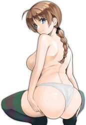 Rule 34 | 1girl, ahoge, asashin (kazami-tomo), ass, ass grab, blue eyes, braid, breasts, brown hair, from behind, grabbing own ass, highres, large breasts, long hair, looking at viewer, looking back, lynette bishop, panties, shiny skin, simple background, single braid, smile, solo, spread legs, squatting, strike witches, striped clothes, striped thighhighs, thighhighs, topless, underwear, wedgie, white background, white panties, world witches series