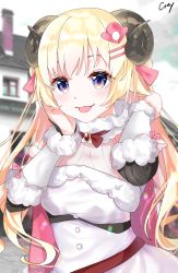 Rule 34 | 1girl, animal ears, artist name, blonde hair, blush, breasts, cape, cloud, cloudy sky, commentary, cray, day, dress, eyelashes, fur-trimmed dress, fur trim, hair ornament, hair ribbon, hairclip, hand in own hair, hand on own cheek, hand on own face, highres, hololive, horns, house, long hair, looking at viewer, medium breasts, outdoors, pink cape, purple eyes, ribbon, sheep ears, sheep horns, signature, sky, smile, solo, tongue, tongue out, tsunomaki watame, tsunomaki watame (1st costume), upper body, virtual youtuber, white dress