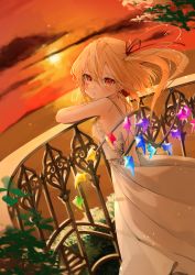 Rule 34 | 1girl, absurdres, against railing, alternate costume, arm rest, backless dress, backless outfit, backlighting, bare arms, bare shoulders, blonde hair, blurry, blurry background, bush, cloud, cloudy sky, crystal, depth of field, dress, earrings, evening, expressionless, feet out of frame, flandre scarlet, floating hair, from behind, from side, gotou (nekocat), hair between eyes, hair ribbon, highres, jewelry, light blush, light particles, long dress, long hair, looking at viewer, looking back, looking to the side, no headwear, ocean, orange sky, parted lips, pleated dress, pointy ears, railing, red eyes, red ribbon, ribbon, side ponytail, sky, sleeveless, sleeveless dress, solo, standing, stud earrings, sunlight, sunset, touhou, twilight, water, white dress, wind, wings