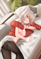 Rule 34 | 1girl, animal ear fluff, animal ears, ao homura, black pantyhose, breasts, breasts out, cat ears, cat girl, couch, curtains, cushion, fingerless gloves, gloves, grey hair, highres, indoors, jacket, looking at viewer, lying, medium breasts, mio (xenoblade), navel, nipples, no bra, on side, open clothes, open jacket, open mouth, pantyhose, plant, red jacket, short hair, skirt, solo, stomach, white gloves, white skirt, xenoblade chronicles (series), xenoblade chronicles 3, yellow eyes