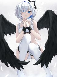 Rule 34 | 1girl, absurdres, amane kanata, angel, black wings, blue eyes, blue hair, chain, colored inner hair, cuffs, fallen angel, feathered wings, frills, grey hair, hair over one eye, highres, hololive, looking at viewer, midriff, multicolored hair, norio (noriosub), own hands clasped, own hands together, shackles, short hair, sitting, solo, strapless, thighhighs, tube top, virtual youtuber, white thighhighs, wings, zettai ryouiki