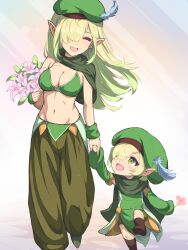 Rule 34 | 2girls, aoi (princess connect!), beret, blonde hair, breasts, cleavage, detached sleeves, elf, feathers, feet out of frame, green eyes, green hair, hair over one eye, hat, highres, holding hands, long hair, medium breasts, mother and daughter, multiple girls, navel, pointy ears, princess connect!, short hair, smile, yako noir (kei-ne)