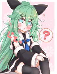 Rule 34 | 1girl, :o, ?, bare shoulders, black ribbon, black shirt, black skirt, black sleeves, black thighhighs, blue eyes, blush, commentary request, detached sleeves, floral background, green hair, hair between eyes, hair ornament, hair ribbon, hairclip, high ponytail, highres, kantai collection, long hair, long sleeves, parted lips, pleated skirt, ponytail, pulled by self, ribbon, ridy (ri sui), shirt, sitting, skirt, sleeveless, sleeveless shirt, solo, spoken question mark, thighhighs, thighhighs pull, translation request, undressing, very long hair, wide sleeves, yamakaze (kancolle)