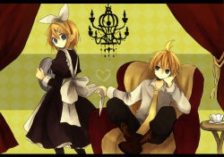 Rule 34 | 1boy, 1girl, ahoge, anzu (o6v6o), apron, apron grab, armchair, black eyes, blonde hair, brother and sister, chair, chandelier, checkered background, collared shirt, commentary request, cup, curtains, frown, hair between eyes, hair ornament, hair ribbon, hairpin, head rest, heart, holding, holding tray, kagamine len, kagamine rin, long sleeves, looking back, maid, necktie, ribbon, saucer, shirt, short hair, siblings, sitting, table, teacup, tray, twins, vocaloid, white apron, white ribbon, white shirt, yellow background, yellow neckwear